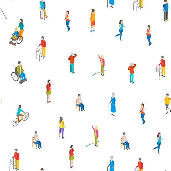 Personajes de personas con discapacidad isométrica Patrón sin costura Fondo. Vector — Archivo Imágenes Vectoriales