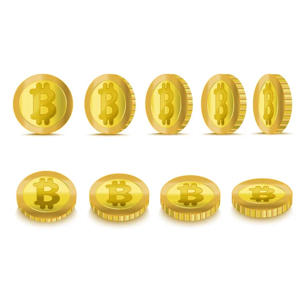 Realistyczny szczegółowe 3d Złoty Set Bitcoins różnych pozycjach. Wektor — Wektor stockowy