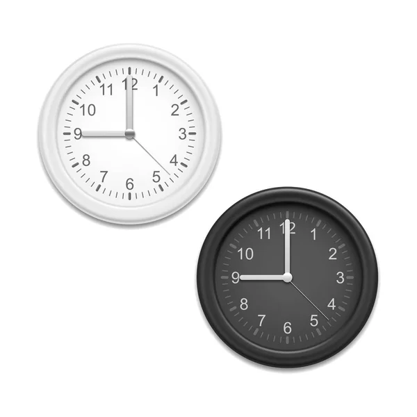 Réaliste détaillée 3d Horloges classiques blanc et noir sur un mur. Vecteur — Image vectorielle