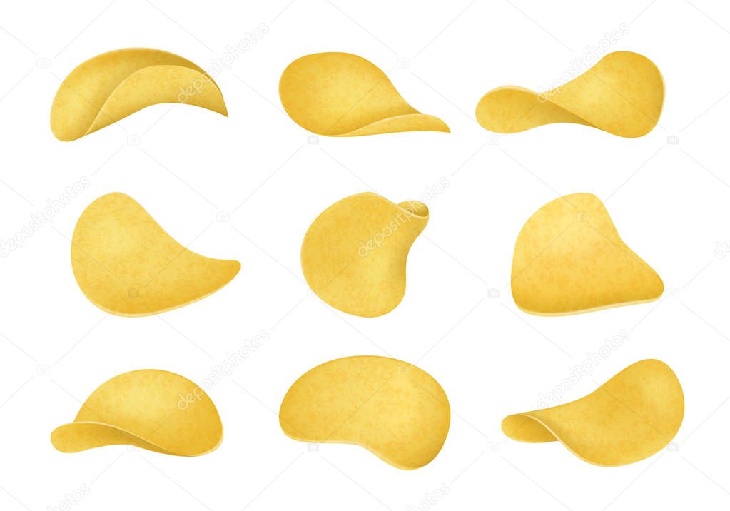 Realistic Detailed 3d Potato Chips Set Different View. Vector