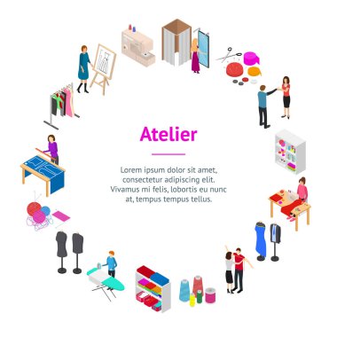 Atelier Studio kavramı Afiş kartı 3d izometrik görünümü daire. Vektör
