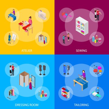 3D ayarla atelier Studio kavramı afiş izometrik görüntüleyin. Vektör