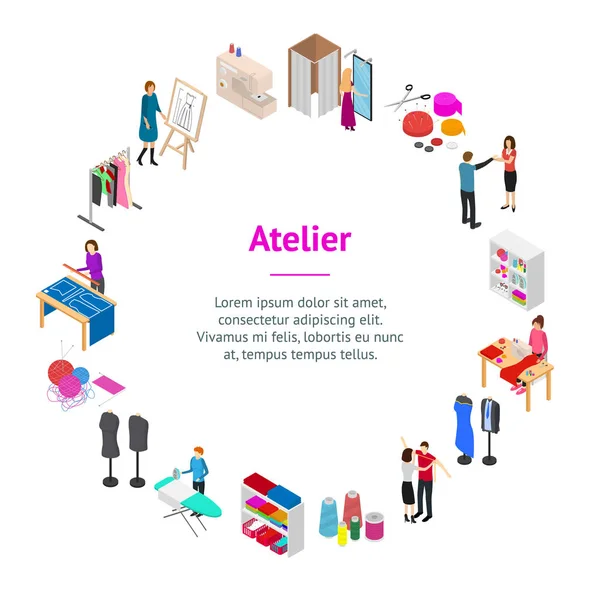 Atelier Studio Concept Banner Card Circle 3d Vista isometrica. Vettore — Vettoriale Stock