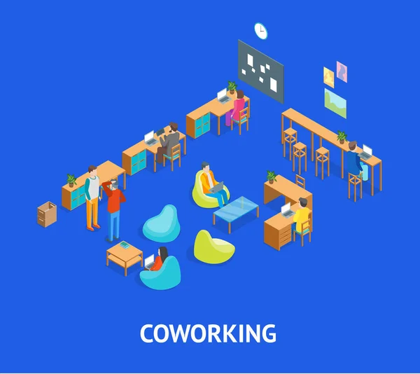 Coworking Center inredning med möbler element isometrisk vy. Vektor — Stock vektor