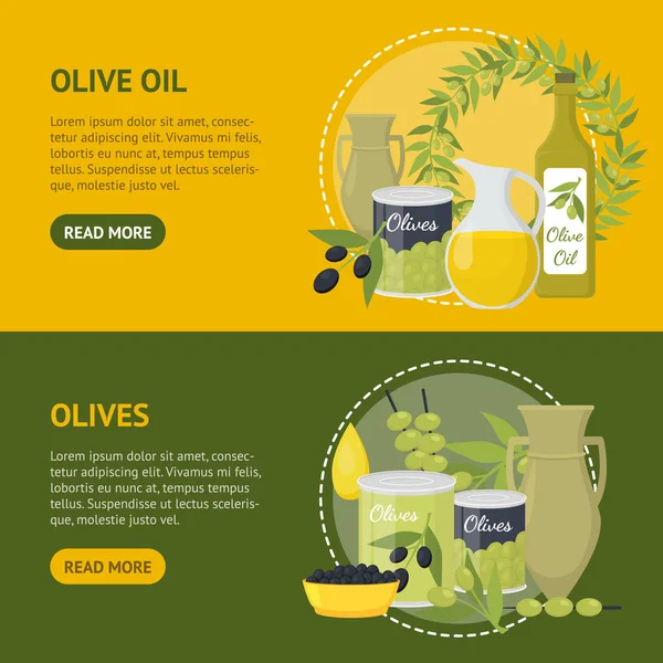 Elementos de aceite de oliva de dibujos animados Banner Horizontal Set. Vector — Vector de stock