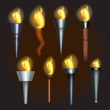 Gerçekçi detaylı 3d meşale alev küme. Vektör