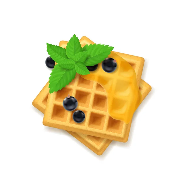 Gaufre belge 3d détaillée réaliste et feuilles vertes menthe poivrée. Vecteur — Image vectorielle