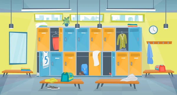 Cartoon Color Changing Room Fitness Inside Interior. Vector