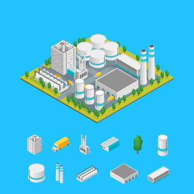 Fabrika ve öğeleri kavramı 3d izometrik görünümü. Vektör