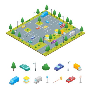 Park bölgesi ulaşım ve öğeleri kavramı 3d izometrik ve bakış açısı Web App tasarım. Vektör çizim