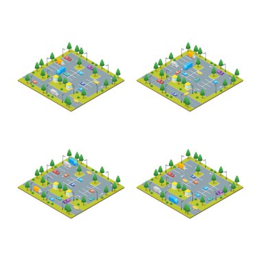 Beyaz arka plan kavramı üzerinde izole bölgesi kümesi otopark 3d izometrik görüntüleyin. Vektör