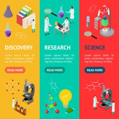 Bilim kimyasal ilaç kavramı afiş Vecrtical Set 3d izometrik görünümü. Vektör