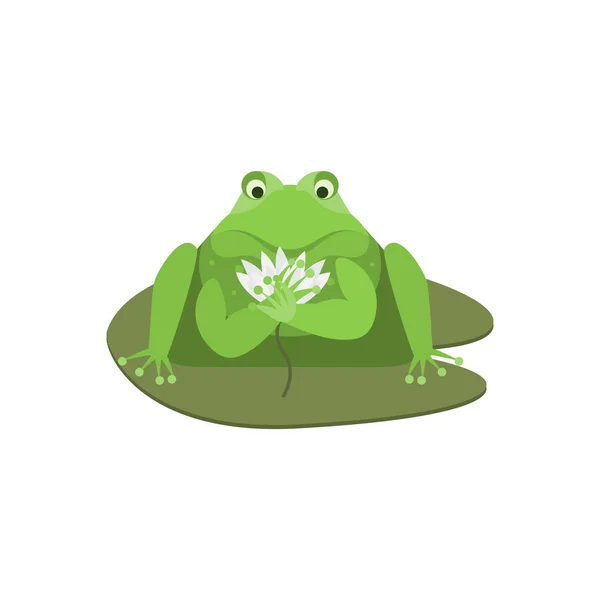 Kreslená postavička roztomilé zelené žáby s květem. Vektor — Stockový vektor
