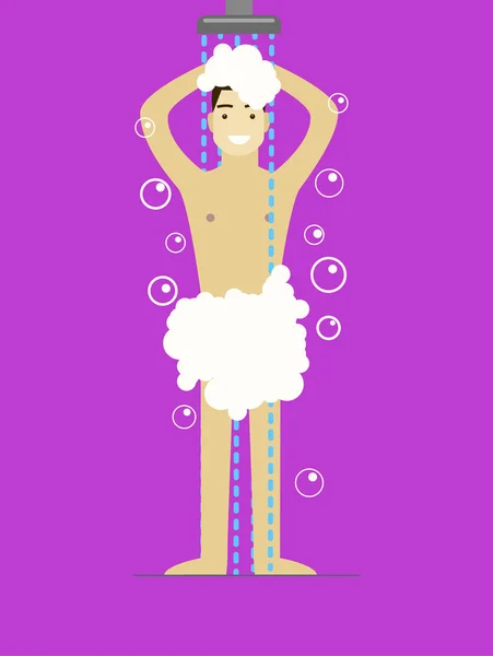 Hombre de dibujos animados en espuma tomando ducha. Vector — Vector de stock