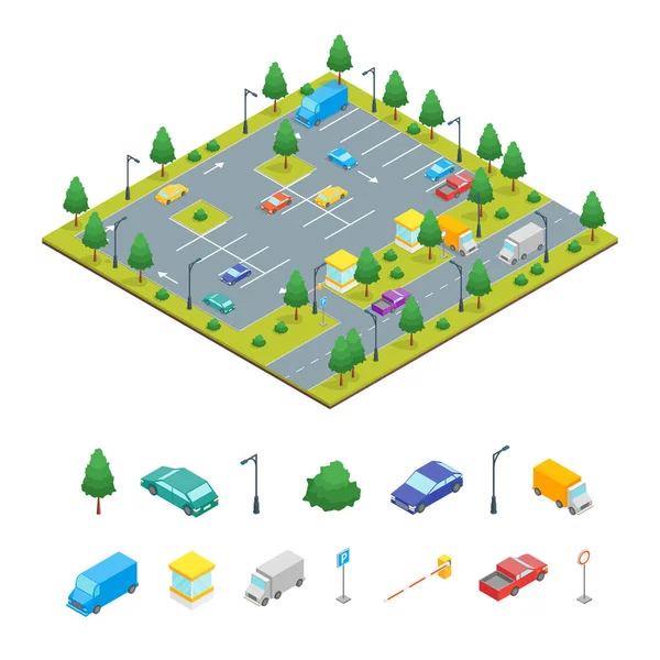 Zona Aparcamiento Transporte Elementos Concepto Vista Isométrica Para Diseño Web — Archivo Imágenes Vectoriales