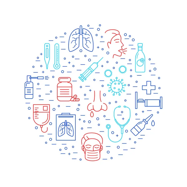 Plantilla de diseño redondo de línea delgada de infección respiratoria. Vector — Archivo Imágenes Vectoriales