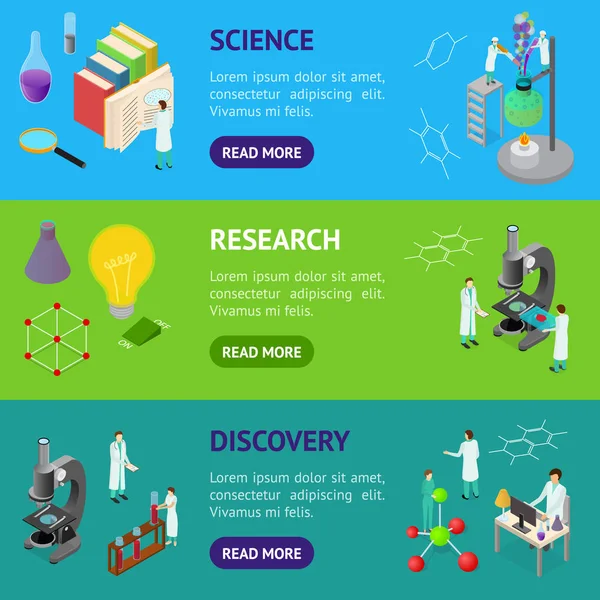 Science Chemical Pharmaceutical Concept Banner horisontaalinen Set 3d Isometric View. Vektori — vektorikuva