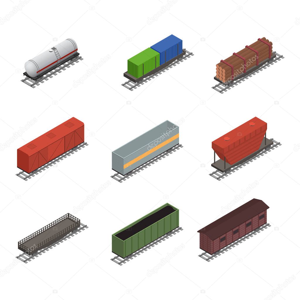 Different Types Train 3d Icons Set Isometric View. Vector
