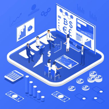 Yatırım ve sanal ekonomi kavramı 3d izometrik görünümü. Vektör