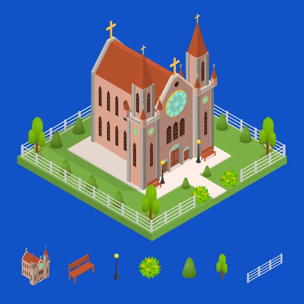 Iglesia Católica Cristiana y Elementos Concepto 3d Vista isométrica. Vector — Archivo Imágenes Vectoriales