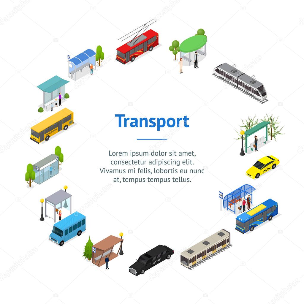 Different Types City Public Transport 3d Banner Card Circle Isometric View. Vector