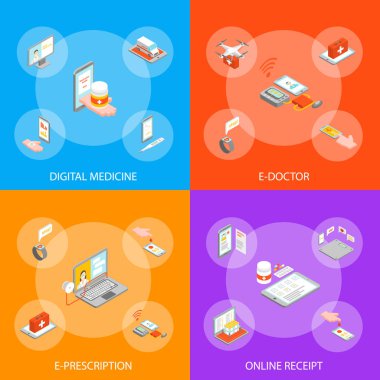 Dijital tıp 3d afiş izometrik görünümü ayarla. Vektör