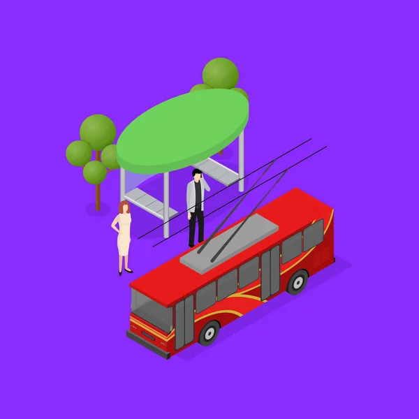 紫色の背景に アイコンの等角投影ビュー トロリーの市内公共交通機関 トロリーバスのベクトル イラスト — ストックベクタ