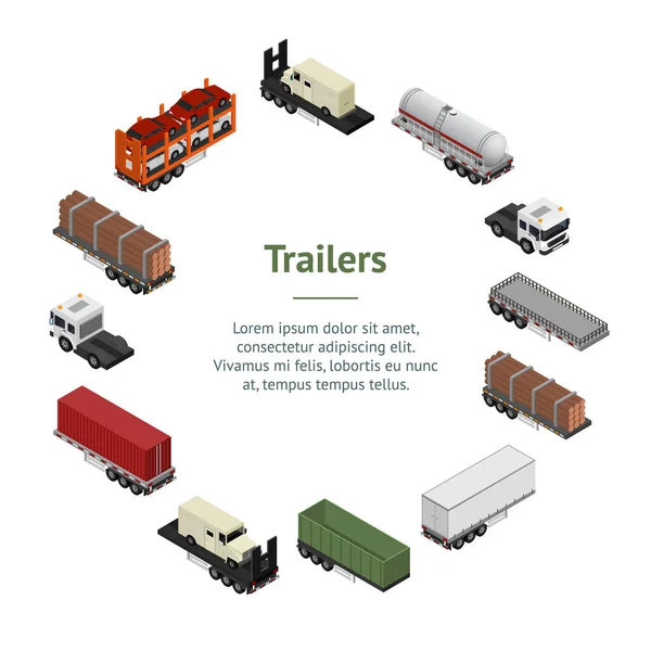 Diferentes tipos Trailers 3D Banner Card Circle Vista isométrica. Vector — Vector de stock