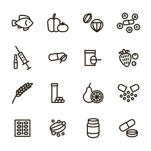 Vitamine en dieet tekenen zwarte dunne lijn Icon Set. Vector — Stockvector