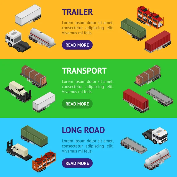 Farklı 3d römork afiş yatay izometrik görünümü ayarla. Vektör — Stok Vektör