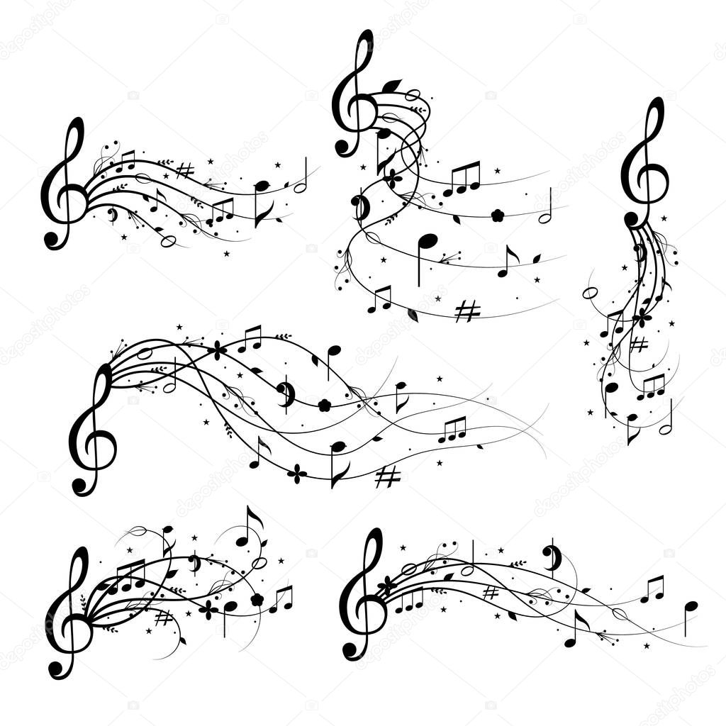 Cartoon Silhouette Black Decoration Elements Musical Set. Vector