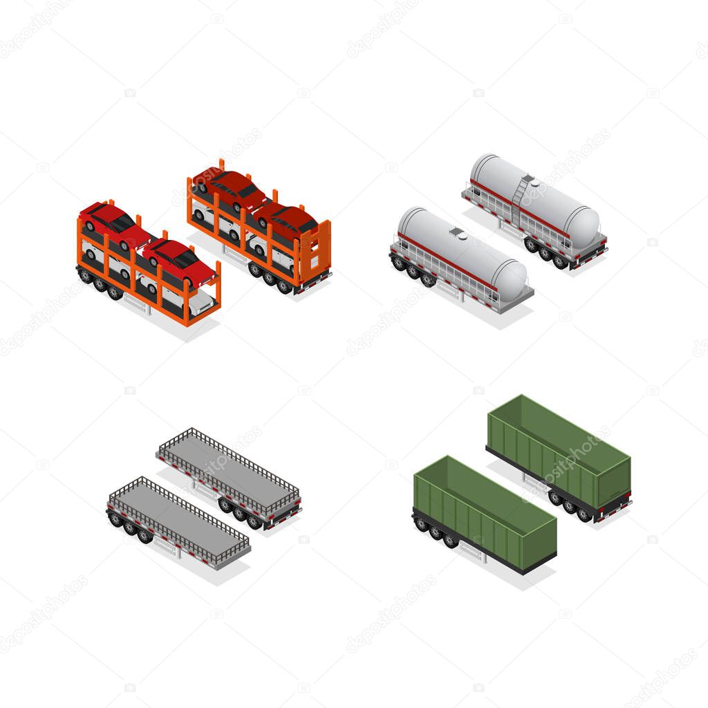 Different Types Trailers 3d Icons Set Isometric View. Vector