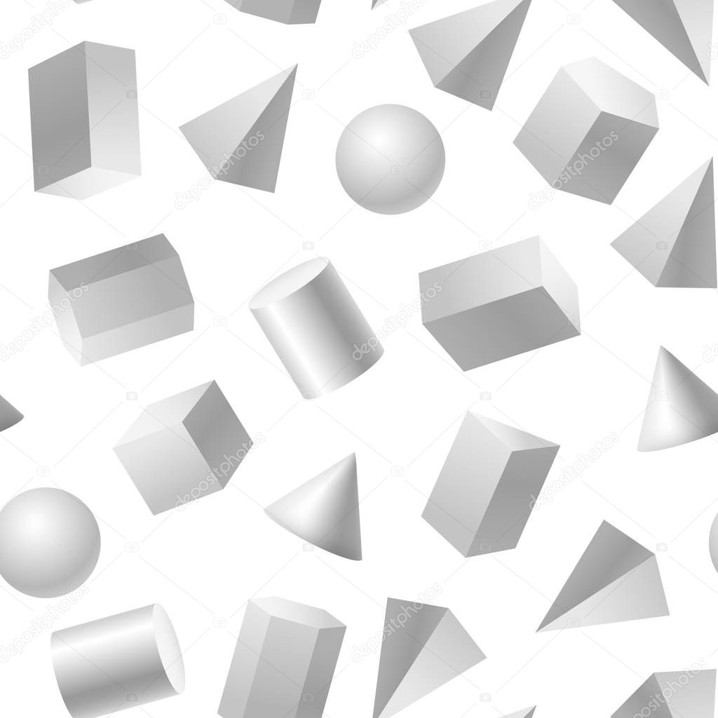 Realistic Detailed 3d White Basic Shapes Seamless Pattern Background. Vector