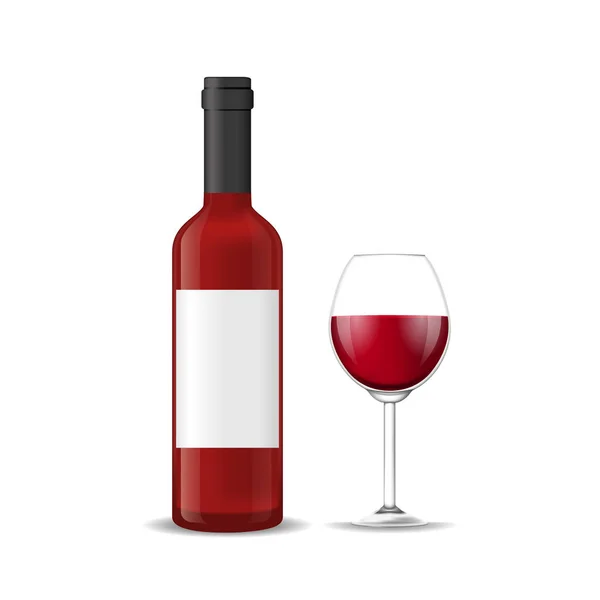 현실적인 상세한 3d 레드 와인 병 및 와인 글라스입니다. 벡터 — 스톡 벡터