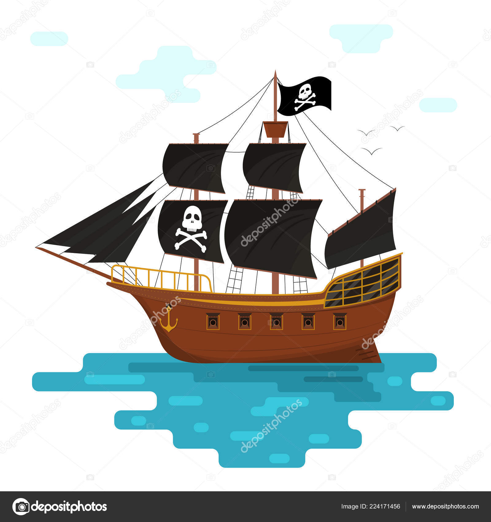 Barco pirata de dibujos animados con velas negras. Vector Vector de stock  #224171456 de ©bigmouse, image size:1600x1700