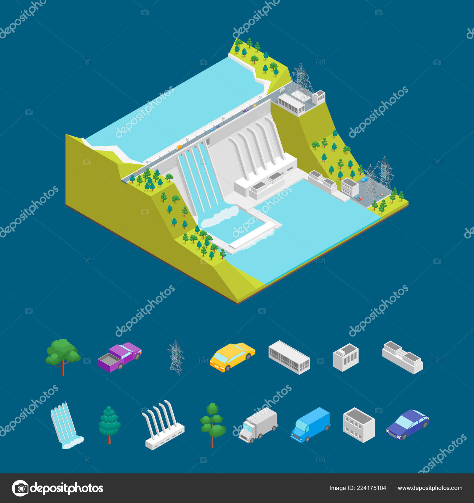 Hydroelectric Power Station Concept and Elements 3d Isometric View