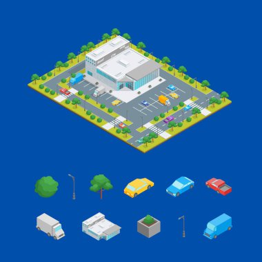 Süpermarket veya dükkanı yapı kavramı ve öğeleri 3d izometrik görünümü. Vektör