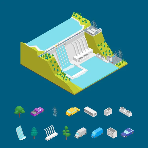 Concepto de Central Hidroeléctrica y Elementos Vista Isométrica 3D. Vector — Archivo Imágenes Vectoriales