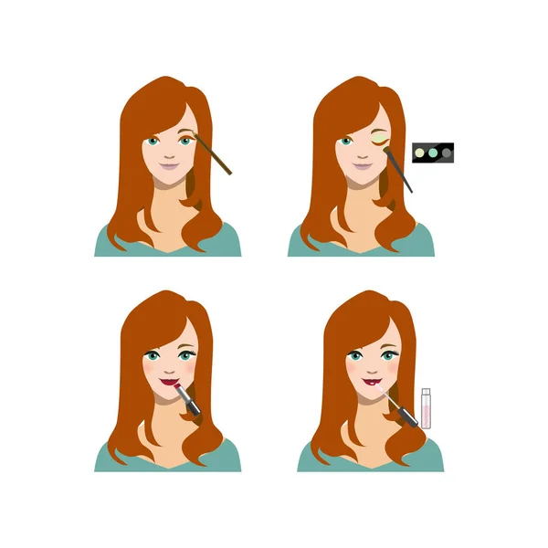 Cartoon weiblichen langen Haarschnitt Make-up Schritte. Vektor — Stockvektor