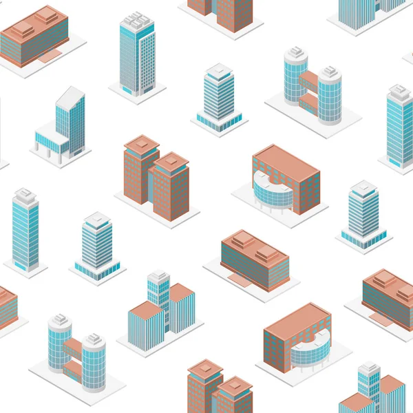 Diferentes tipos Edificio de oficinas 3d Patrón sin costura Fondo Vista isométrica. Vector — Archivo Imágenes Vectoriales