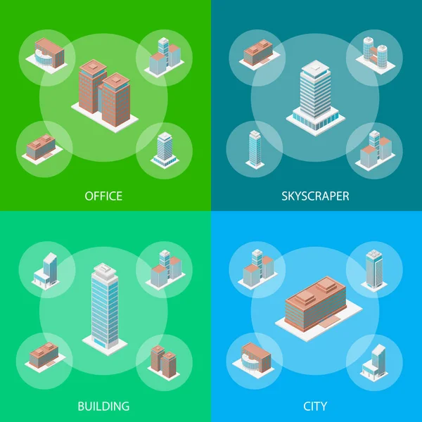 Различные типы Office Building 3d Banner Set Isometric View. Вектор — стоковый вектор