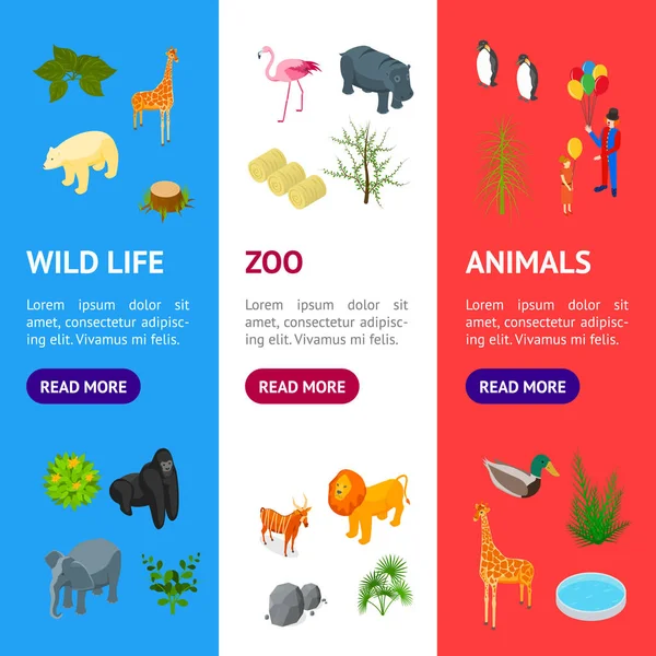 Public Zoo Banner Vecrtical Set Concept 3d Vista isométrica. Vector — Vector de stock