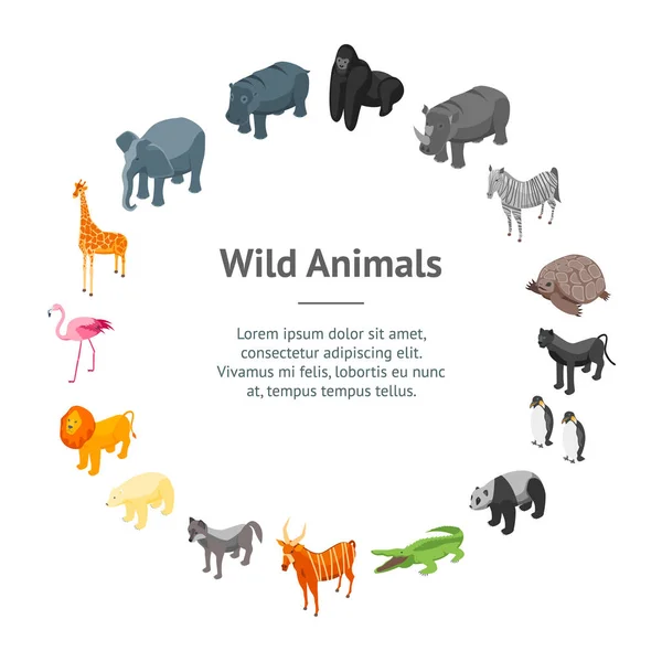Vahşi hayvanlar 3d afiş kartı daire izometrik görünümü. Vektör — Stok Vektör