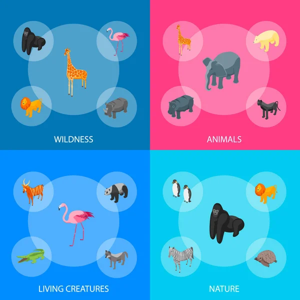 Wild Animals 3d Banner Set Isometric View. Vector — Vector de stoc