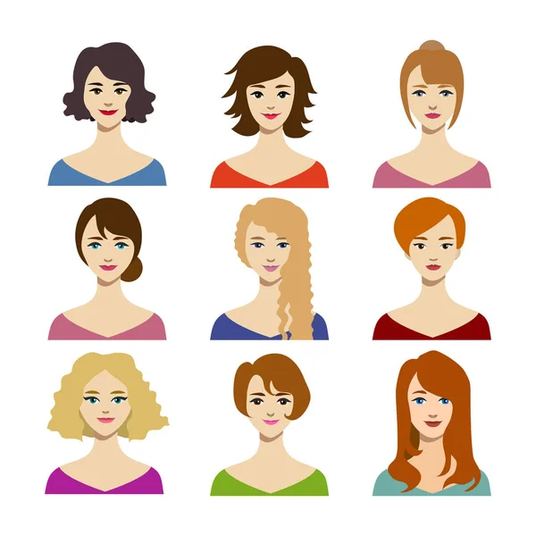 Tegneserie farve kvinde frisurer ikoner sæt. Vektor – Stock-vektor