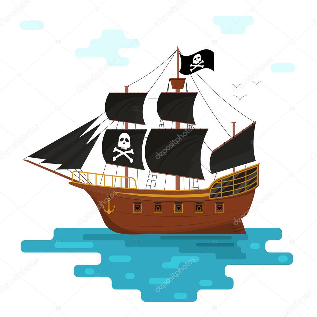 Cartoon Pirate Ship with Black Sails. Vector