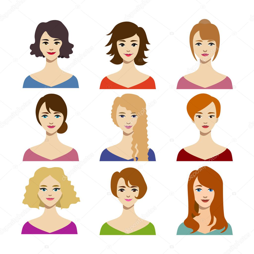 Cartoon Color Woman Hairstyles Icons Set. Vector