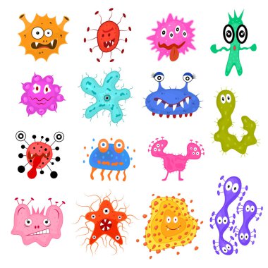 Cartoon Color Characters Bacteria Sign Icon Set. Vector clipart