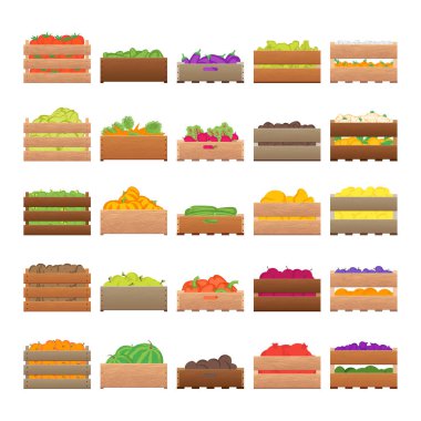 Çizgi film renk kasalar taze meyve işareti Icon Set. Vektör