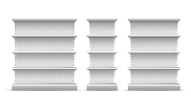 Gerçekçi 3d detaylı süpermarket raflarında ayarlayın. Vektör